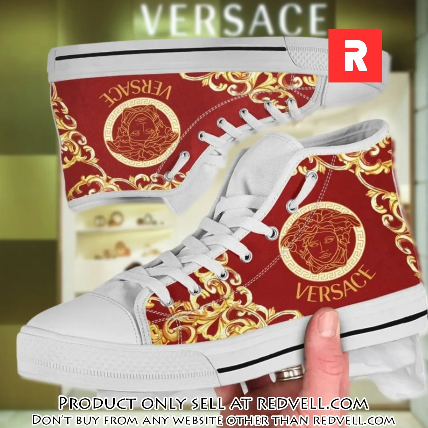 Versace medusa red gold high top canvas shoes luxury brand gifts for men women rv4142481